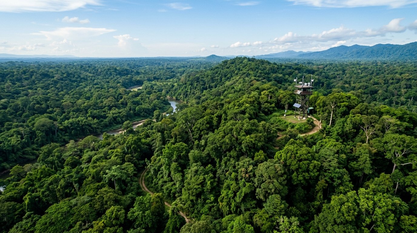 Lush forest canopy representing nature-based carbon sequestration and ecological monitoring